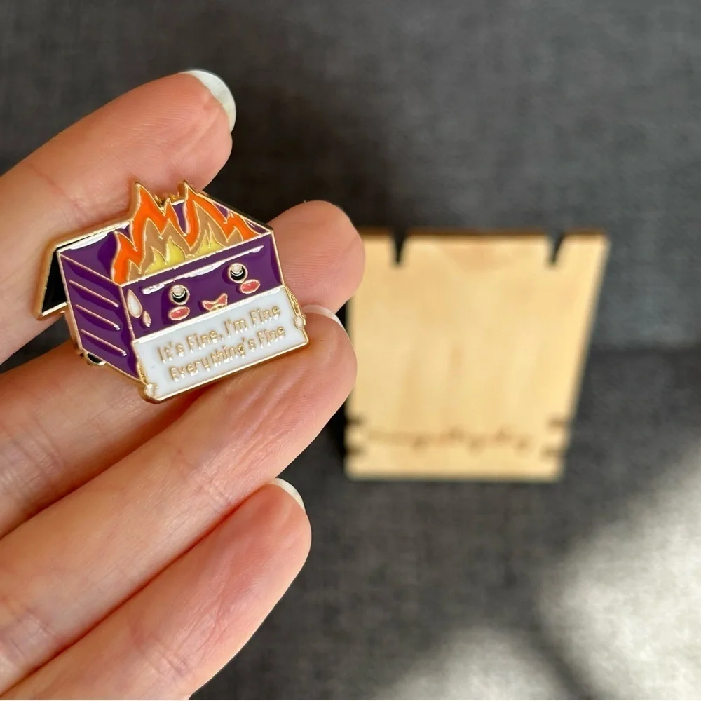 Funny Dumpster Fire “It’s Fine, I’m Fine, Everything’s Fine” Pin, Dark Purple